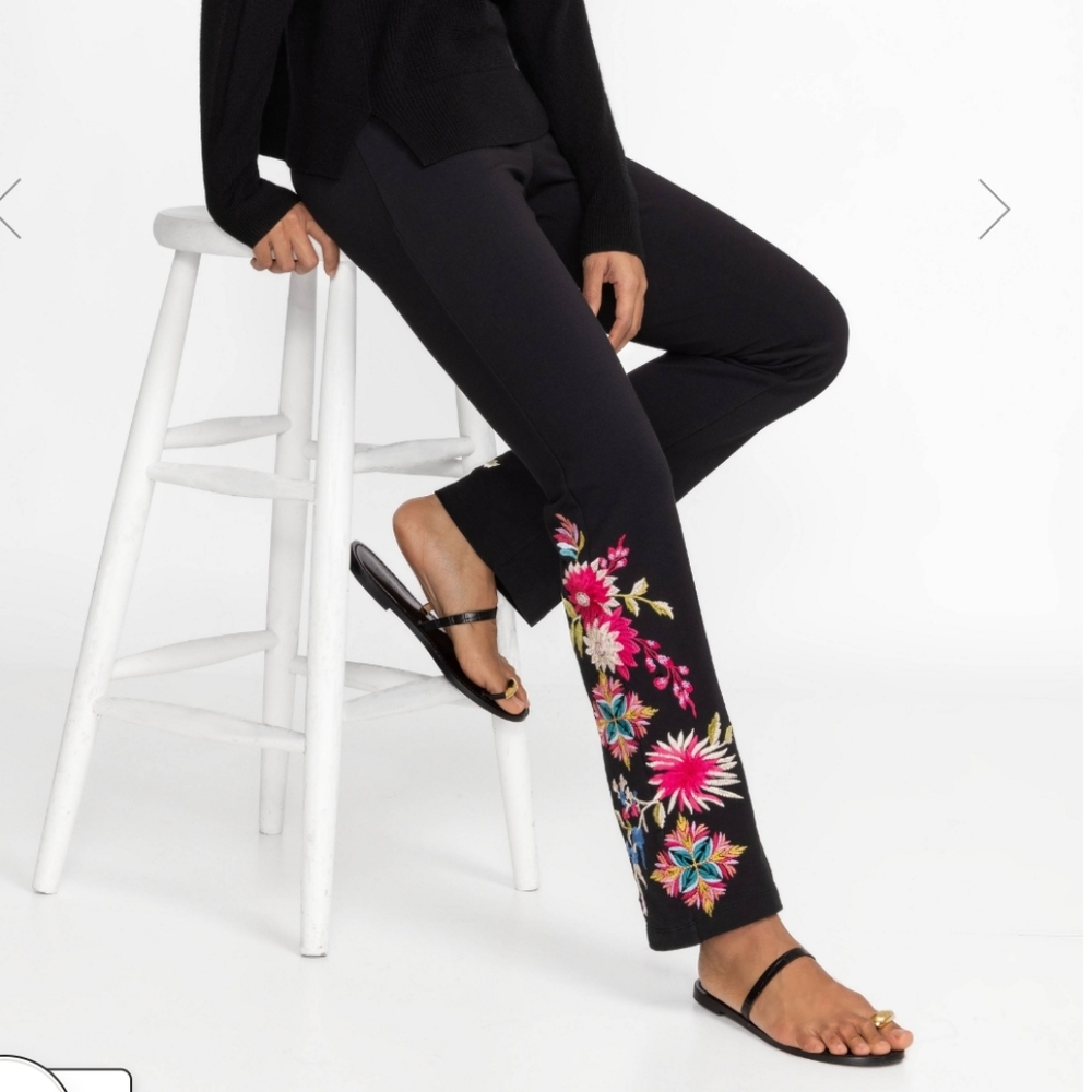 Johnny Was Red and Black Straight Leg Pants with Floral Embroidery
